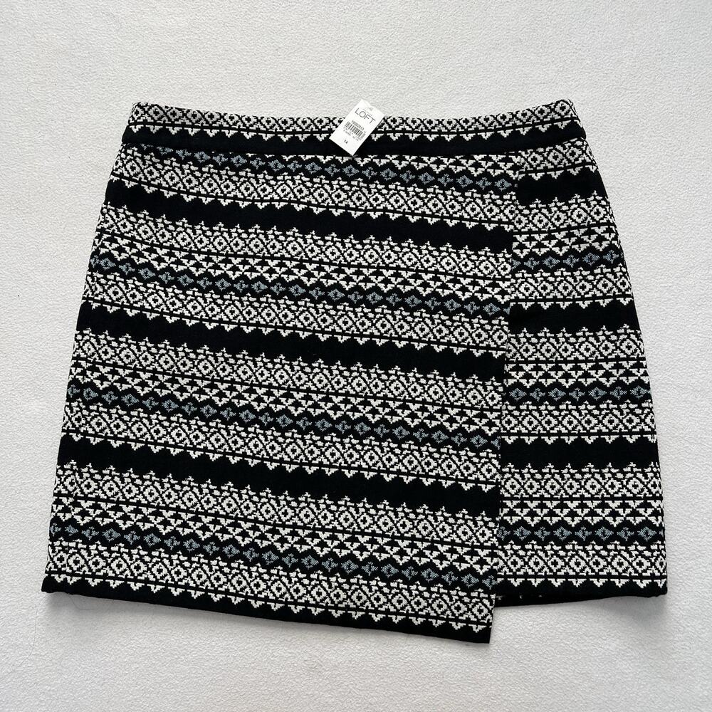 NWT Ann Taylor LOFT Women Black White Geometric Aztec Faux Wrap Mini Skirt 14
